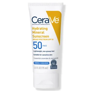 CeraVe Hydrating Mineral Sunscreen SPF 50 with Ceramides, Oil-Free